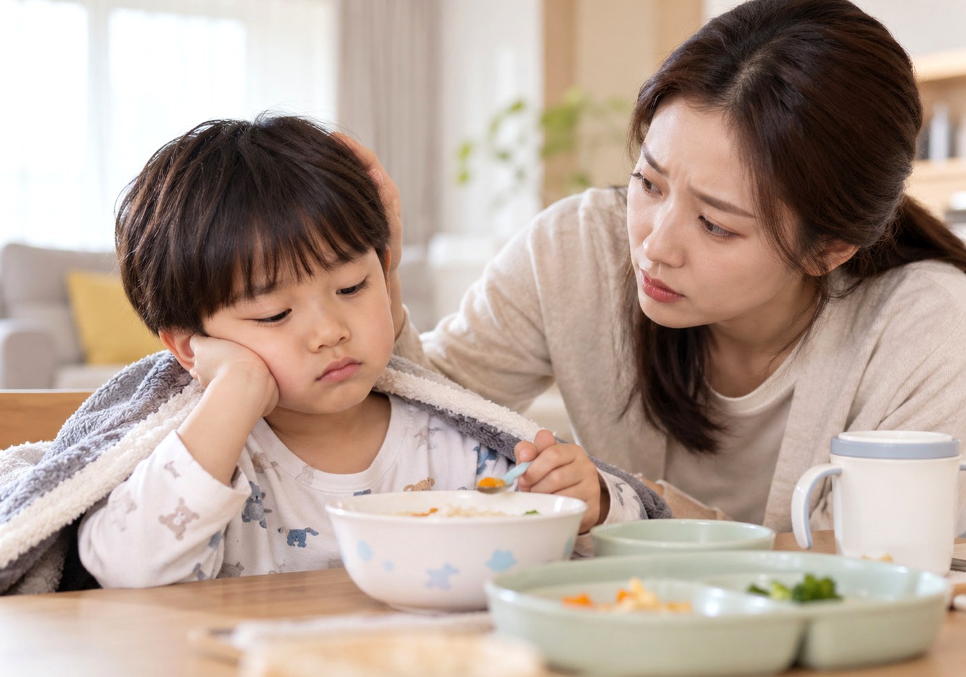 신흥 폐렴 후 식욕부진으로 밥상 앞에서 입맛이 없는 아이를 살피는 부모