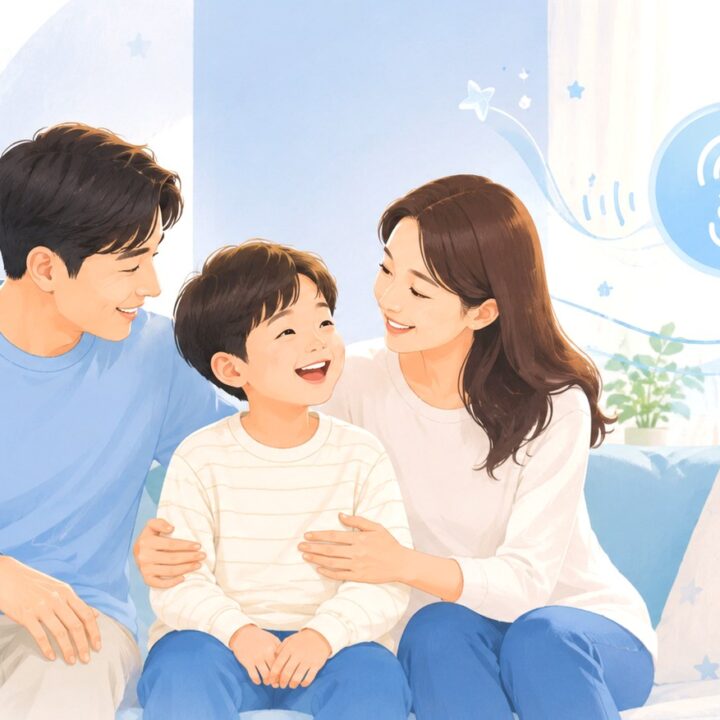 송도 소아 중이염 – 소파에 편안히 앉은 가족과 귀 건강 모티프
