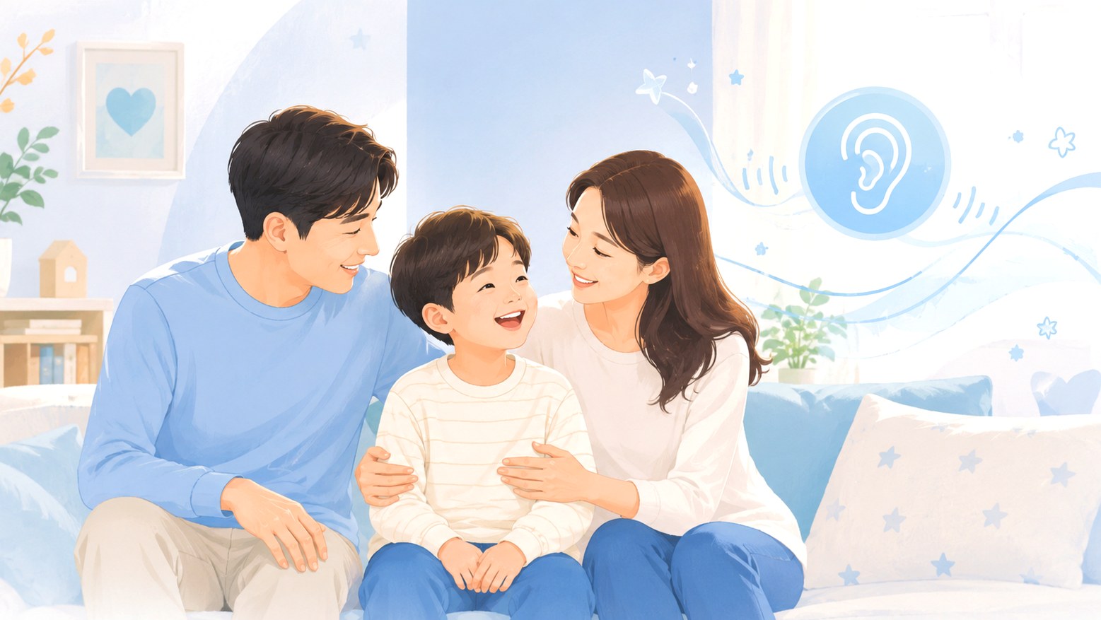 송도 중이염 – 소파에 편안히 앉은 가족과 귀 건강 모티프