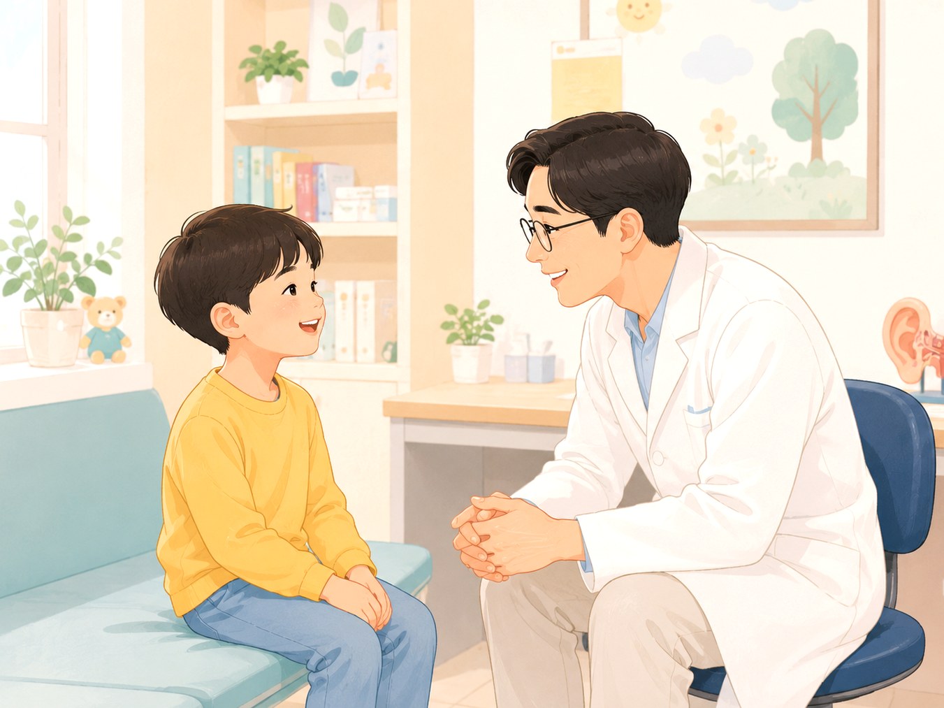 송도 중이염 – 진료실에서 한의사와 상담하는 아이