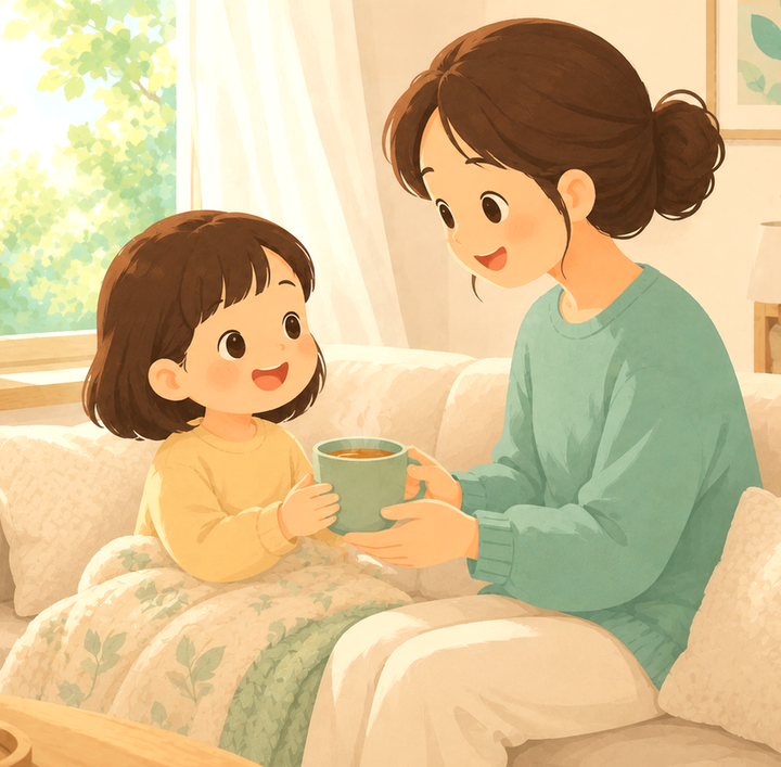 송도 축농증 – 엄마가 아이에게 따뜻한 차를 건네는 모습