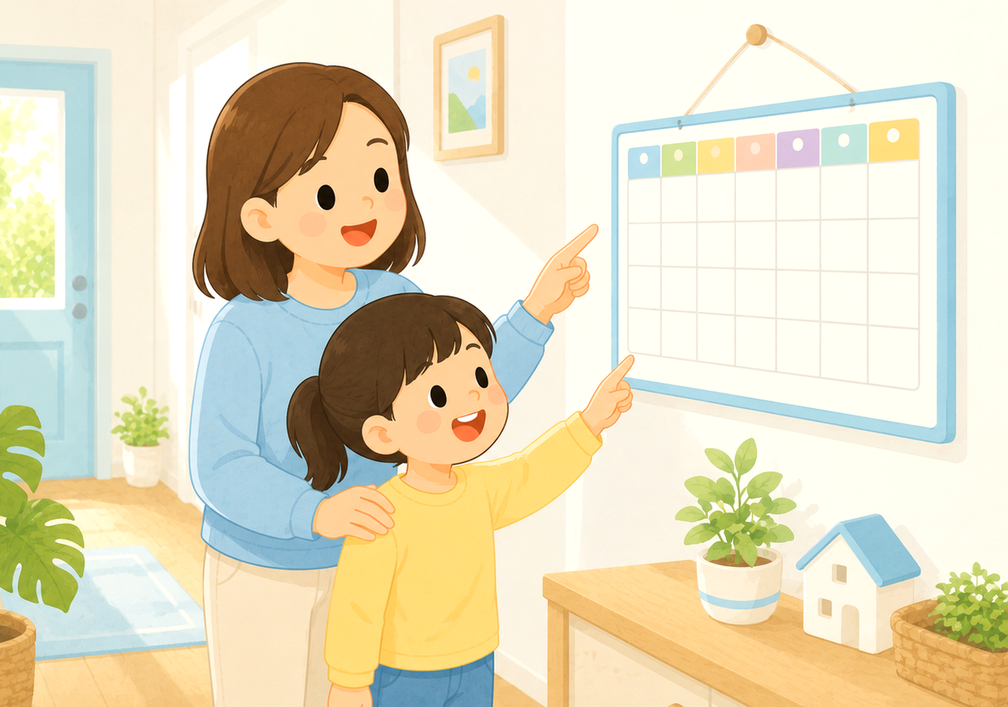 송도 ADHD – 엄마와 아이가 벽에 걸린 주간 계획표를 가리키는 모습