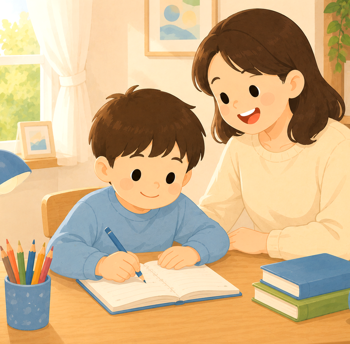 인천송도 ADHD – 아이가 책상에서 공책에 글을 쓰고 엄마가 지켜보는 모습