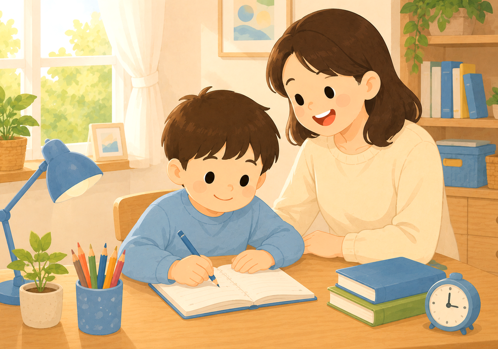송도 ADHD – 아이가 책상에서 공책에 글을 쓰고 엄마가 지켜보는 모습