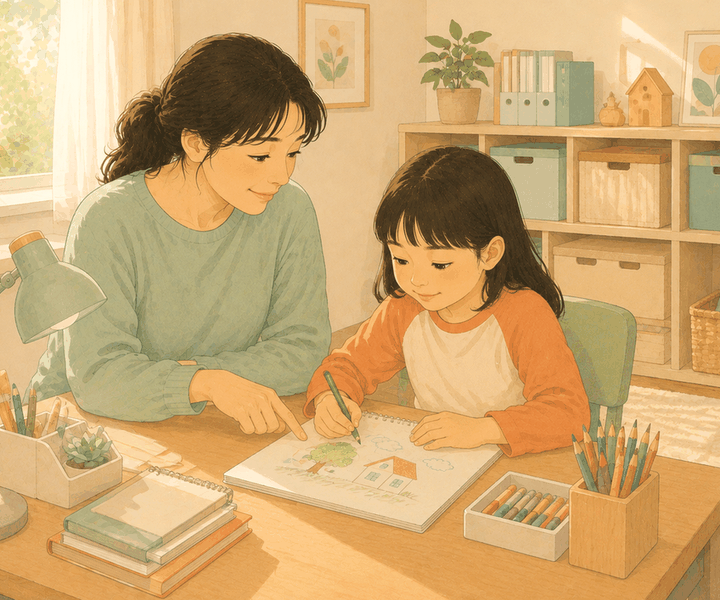 송도 아이누리한의원 ADHD 칼럼, 책상에서 그림에 집중하는 아이를 지도하는 엄마