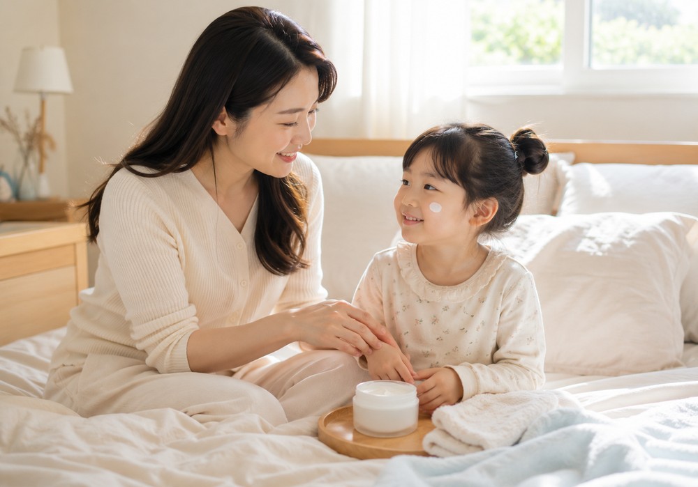 침실 침대에서 엄마가 아이의 피부에 보습 크림을 발라주는 모습