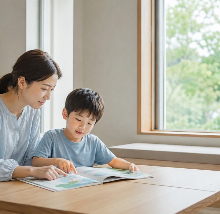 송도 틱장애, 창가 밝은 방에서 엄마와 나란히 그림책을 함께 보는 남자아이