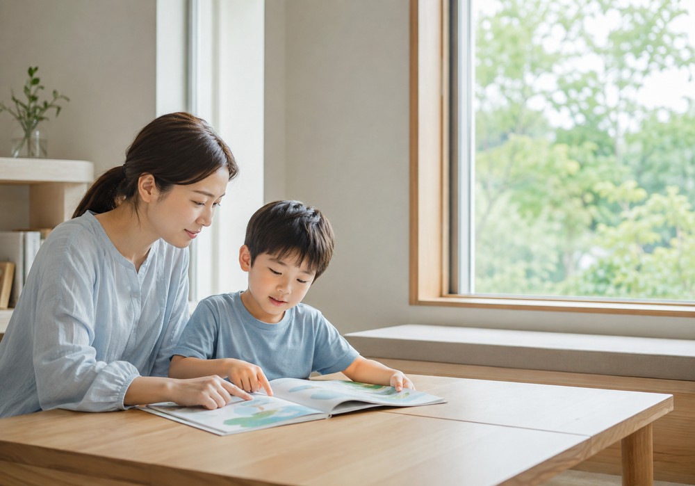 송도 틱장애 — 창가 밝은 방에서 엄마와 나란히 그림책을 함께 보는 아이
