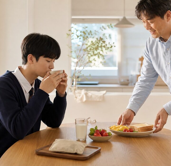 송도 학습클리닉 – 교복 입은 학생에게 아침 식사를 차려주는 아빠