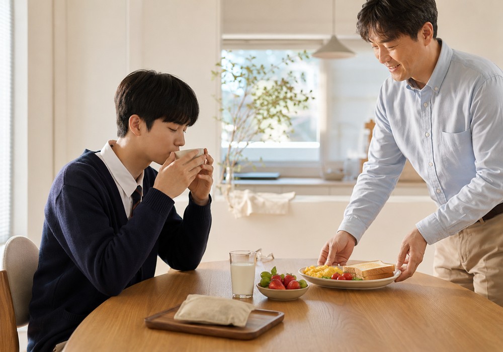 송도 학습클리닉 – 교복 입은 학생에게 아침 식사를 차려주는 아빠