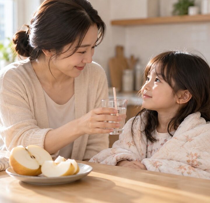 송도 크룹기침 – 주방 식탁에서 담요를 두른 아이에게 엄마가 물컵을 건네는 장면