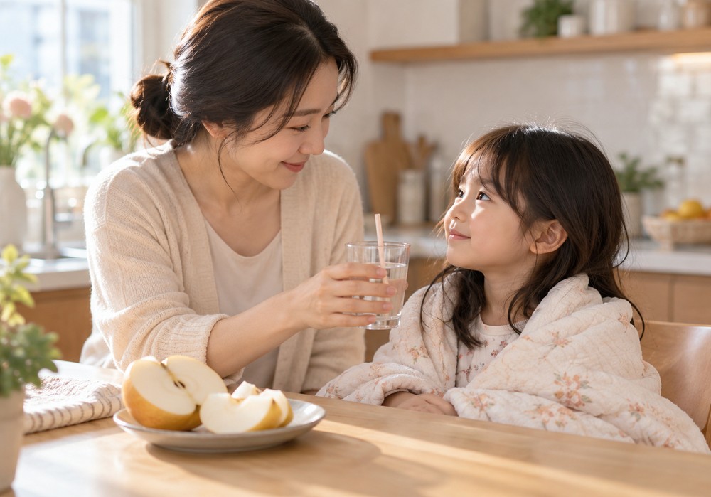 송도 크룹기침 — 밤에 컹컹거리는 기침으로 잠을 설치는 아이를 안고 살피는 부모의 모습