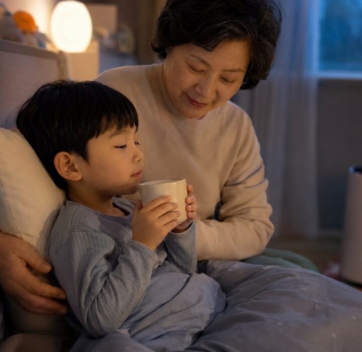송도 호흡기 약한 아이 한약 – 저녁 침실에서 남자아이가 따뜻한 음료를 마시며 쉬고 할머니가 곁에서 돌보는