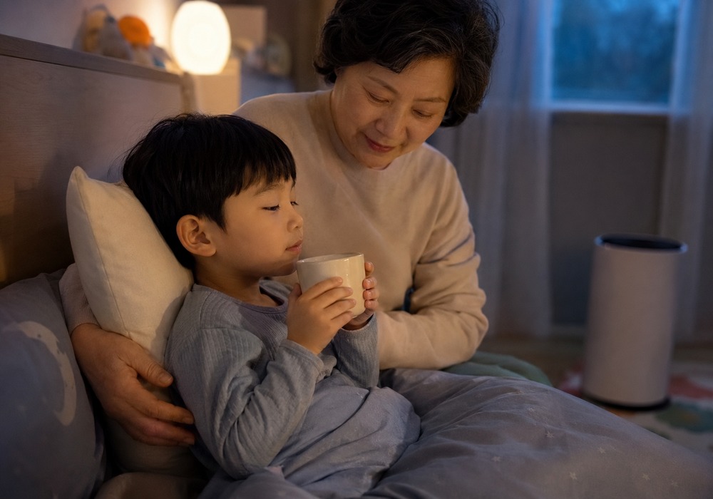 호흡기약한아이한약 — 환절기 기침과 콧물로 호흡기 상태를 살피는 아이의 모습