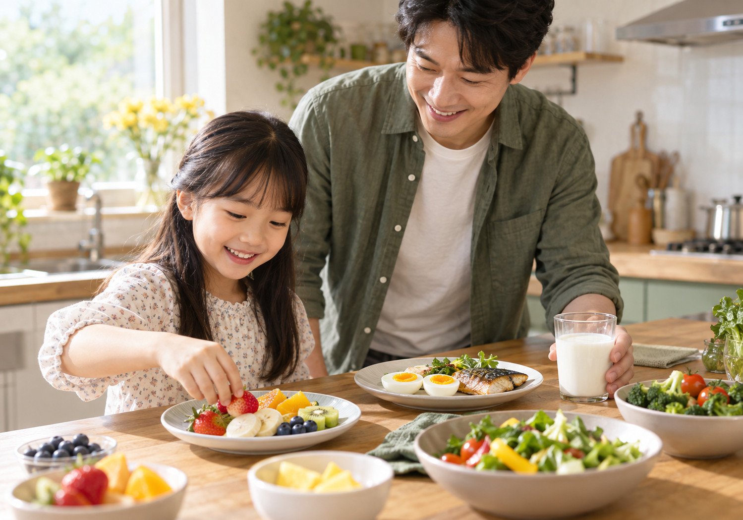송도 초등학생 키 성장 – 여자아이와 아빠가 과일과 달걀, 생선, 채소, 우유가 놓인 식탁에 함께 있는 모습