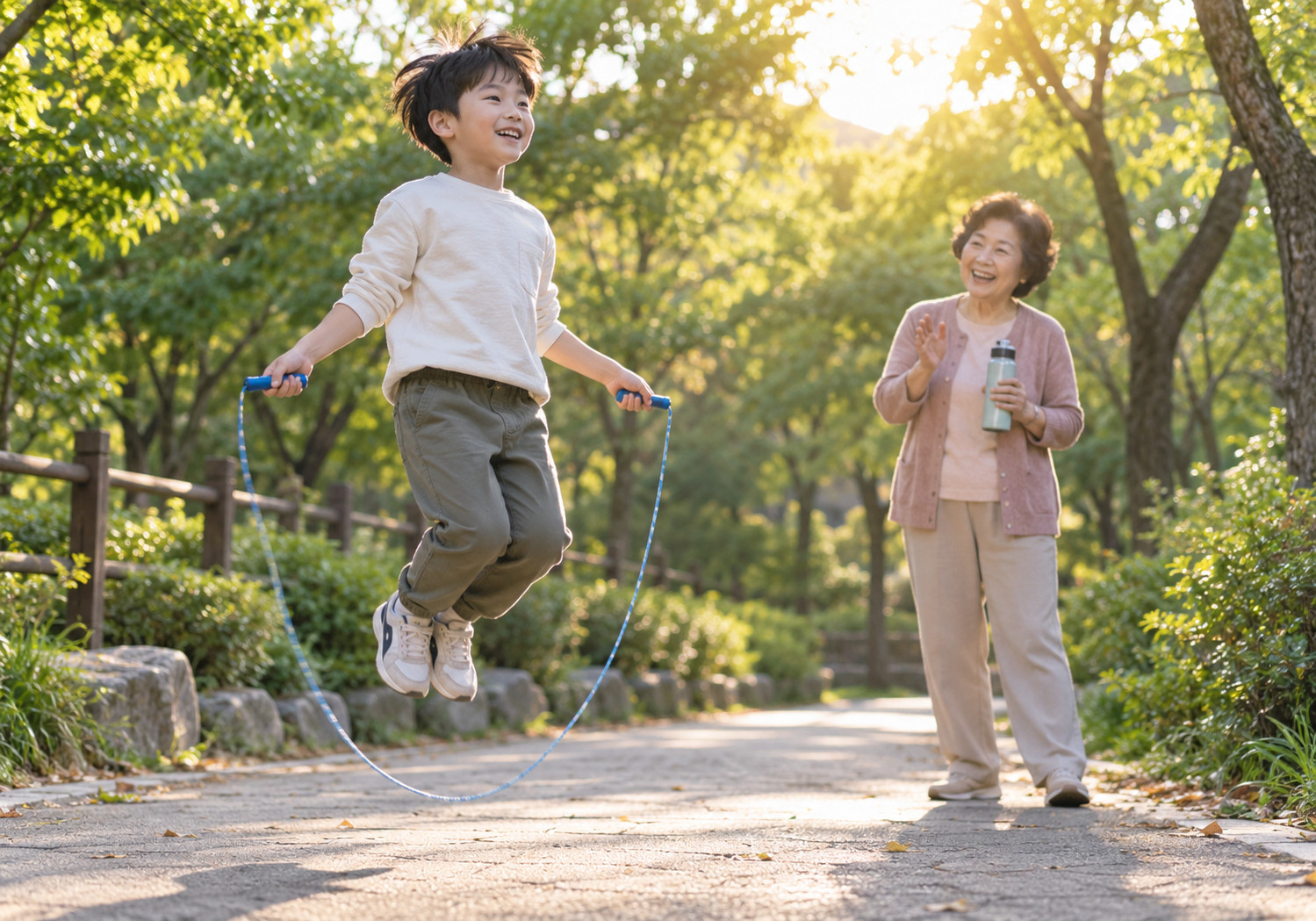 송도 초등학생 키 성장 – 공원에서 남자아이가 줄넘기를 하고 물병을 든 할머니가 뒤에서 응원하는 모습