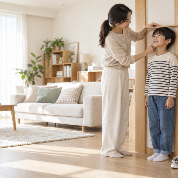 송도 초등학생 키 성장 – 엄마가 거실의 키 눈금이 있는 벽 앞에 선 남자아이의 머리 위에 판을 대고 키를 재는 모습