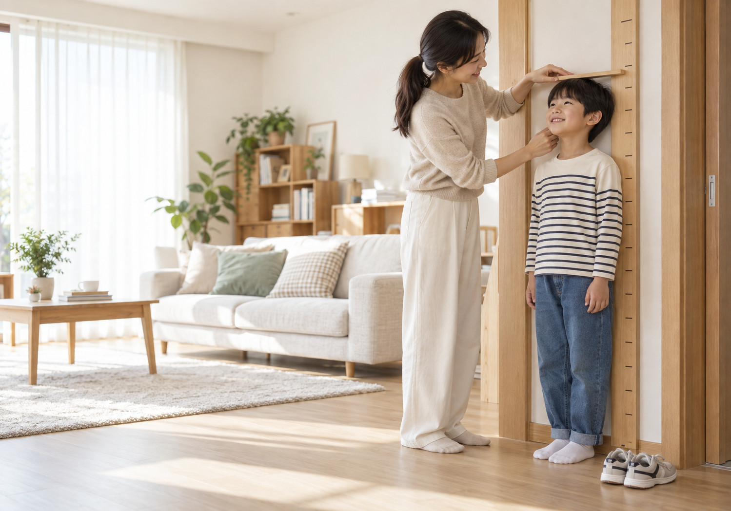 송도 초등학생 키 성장 – 엄마가 거실의 키 눈금이 있는 벽 앞에 선 남자아이의 머리 위에 판을 대고 키를 재는 모습