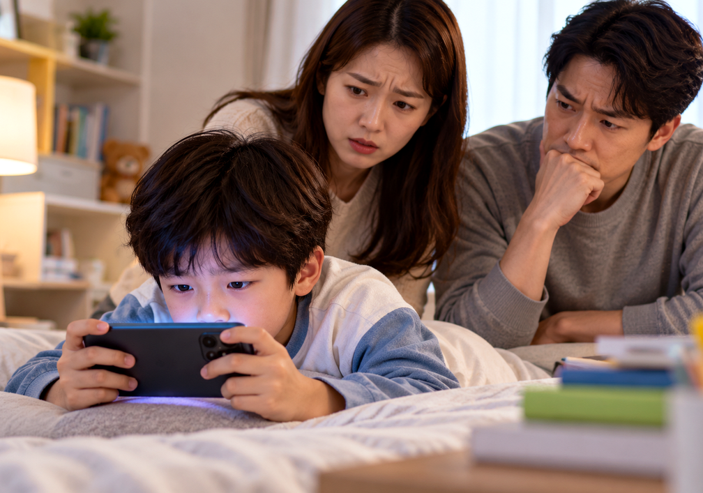 송도ADHD스크린타임 고민, 스마트폰 영상에 빠진 아이를 걱정스럽게 지켜보는 부모
