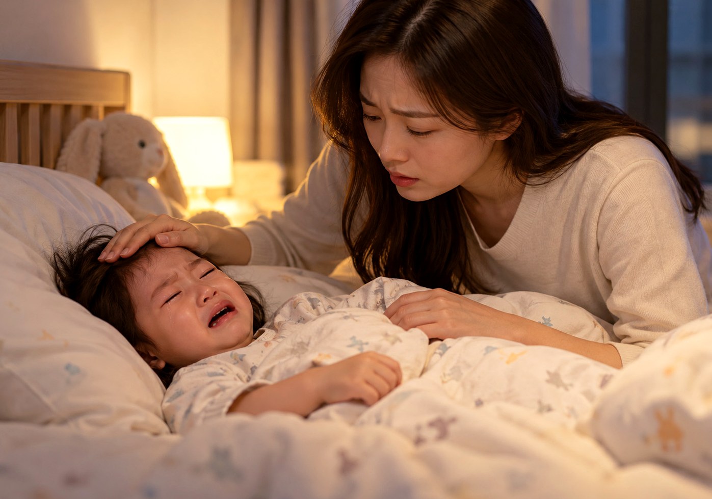 송도 어린이 야경증로 밤에 놀라 깨어 우는 아이를 달래는 보호자