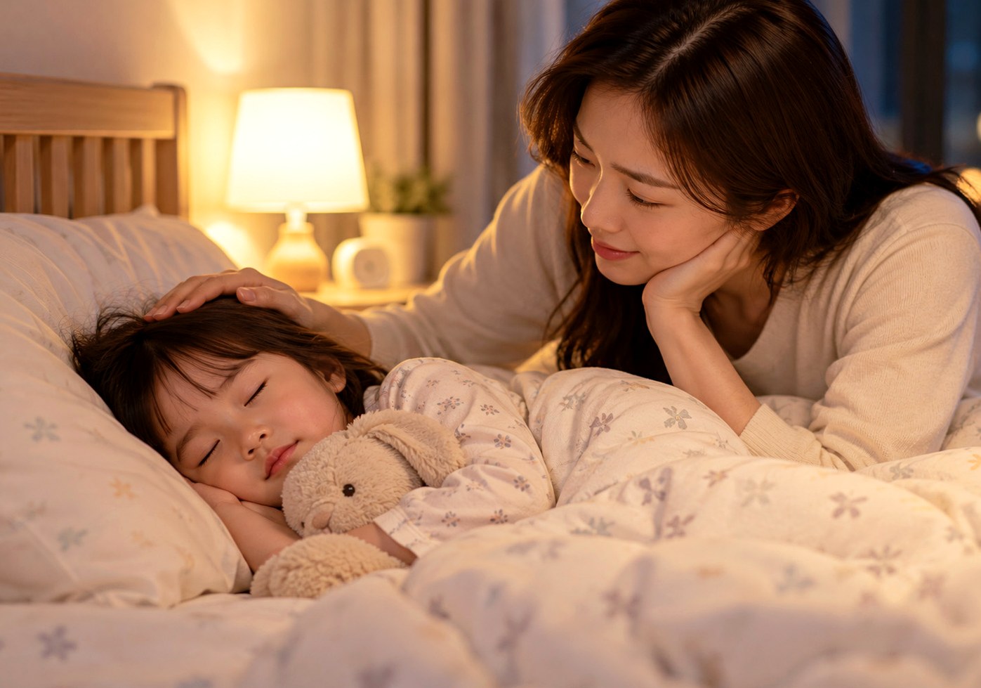 송도 어린이 야경증 잠자리 규칙을 지키며 편안히 잠든 아이 곁을 지키는 보호자