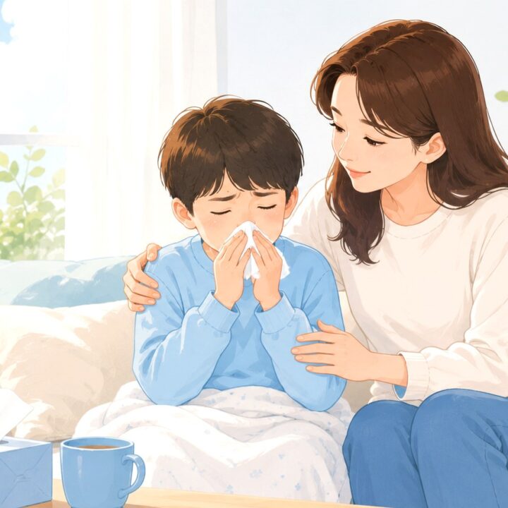 하남미사 소아 부비동염 – 코를 푸는 아이를 곁에서 다독이는 엄마