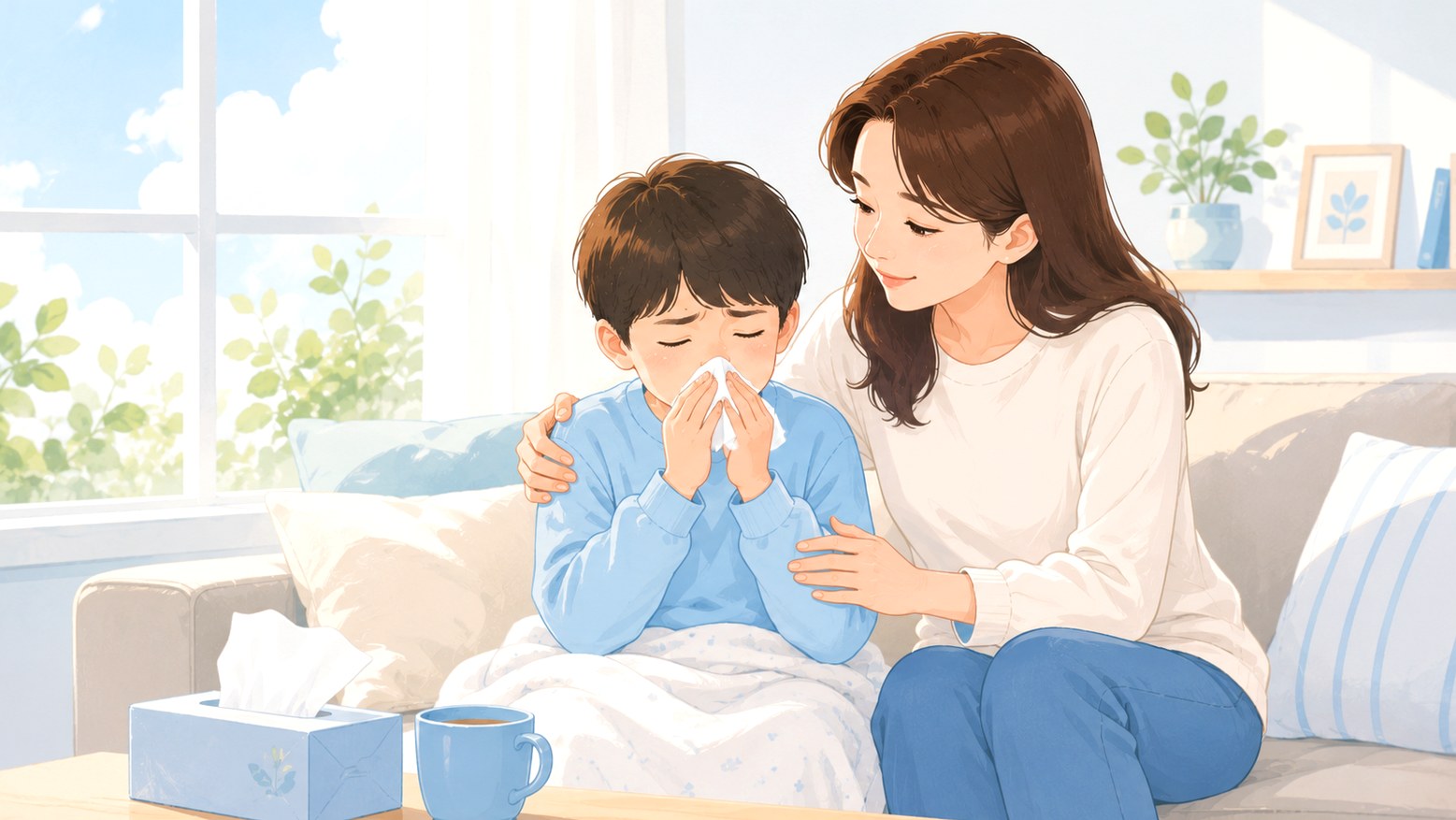 하남미사 부비동염 – 코를 푸는 아이를 곁에서 다독이는 엄마