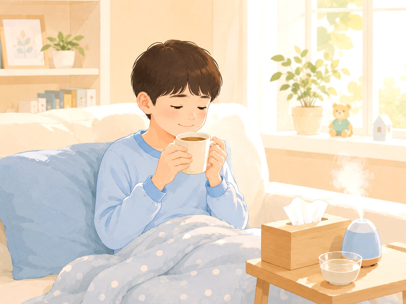 하남미사 부비동염 – 담요를 덮고 따뜻한 차를 마시는 아이와 가습기
