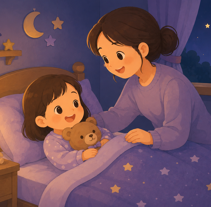 하남미사 야뇨증 – 밤에 엄마가 아이를 침대에서 재워주는 모습