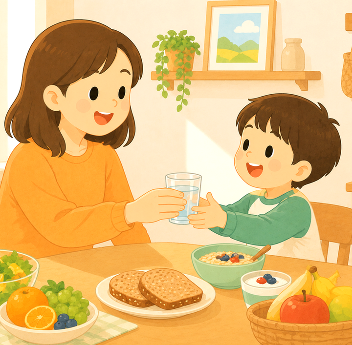 하남미사 변비 – 엄마가 식탁에서 아이에게 물컵을 건네는 모습