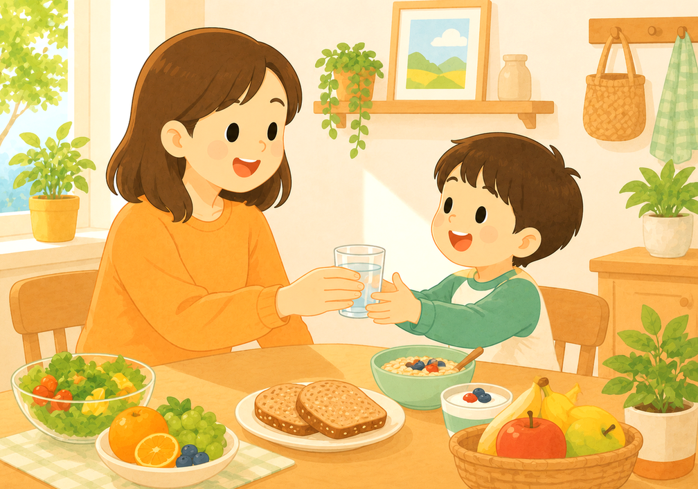 하남미사 변비 — 엄마가 식탁에서 아이에게 물컵을 건네는 모습