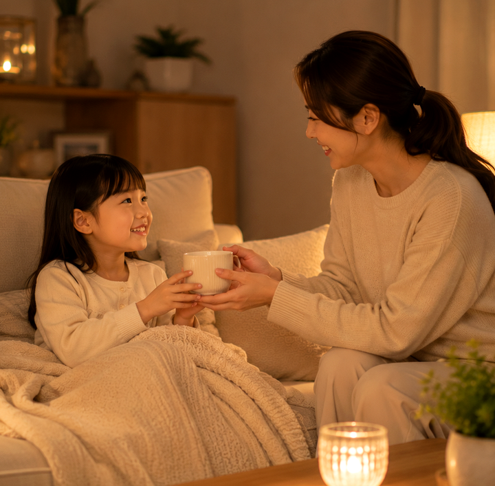 하남미사 기관지염 – 밤 거실 소파에서 엄마가 담요 덮은 아이에게 따뜻한 컵을 건네는 모습