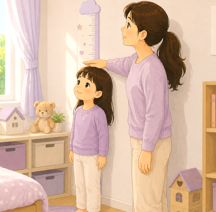 하남미사 성조숙증 – 아이 방 벽 키재기 눈금에서 엄마가 딸의 키를 재 주는 모습