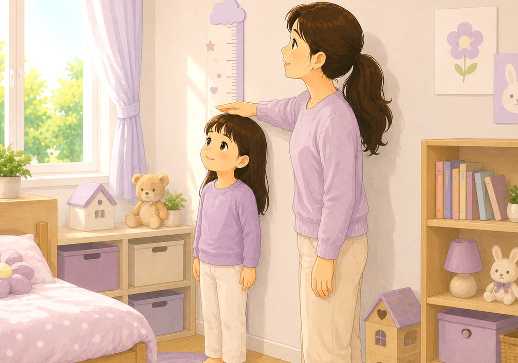 하남미사 성조숙증 — 키 재는 벽 앞에 서서 성장을 확인하는 아이