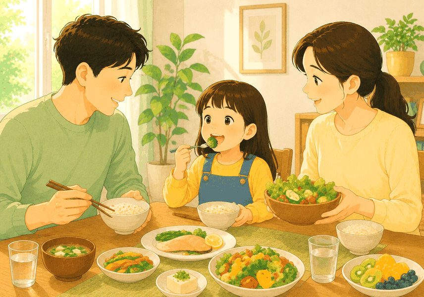 식탁에서 균형 잡힌 식사를 하는 아이