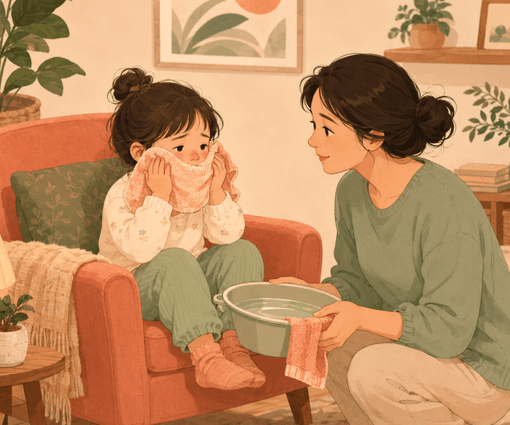 하남미사 소아 축농증 – 얼굴에 따뜻한 수건 대는 아이와 엄마