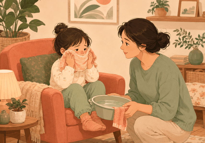 하남미사 소아 축농증 – 얼굴에 따뜻한 수건 대는 아이와 엄마