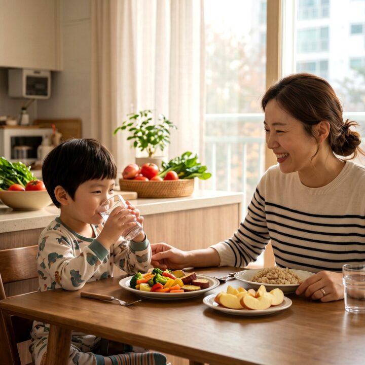 미사 소아변비 – 식탁에서 물을 마시는 남아와 건강식