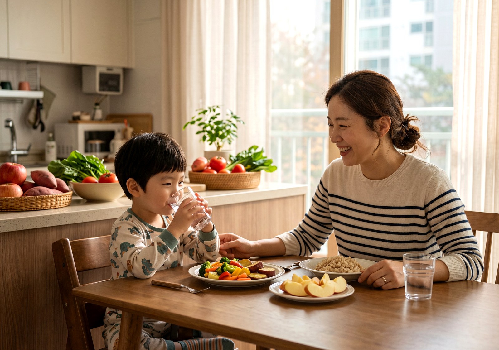 미사 소아변비 – 식탁에서 물을 마시는 남아와 건강식