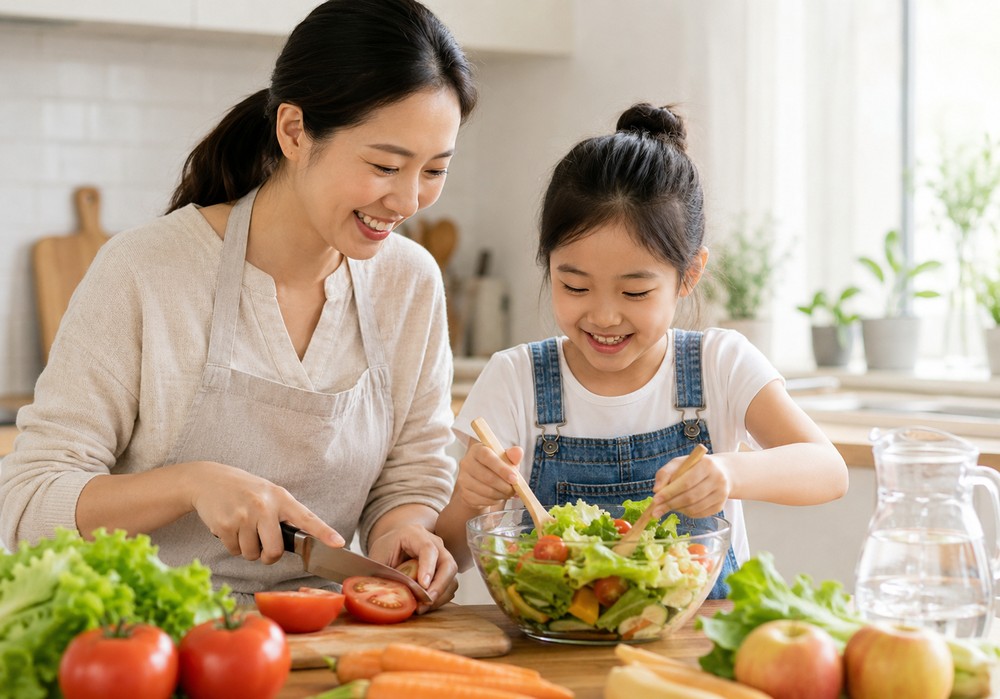 하남 아이누리한의원에서 소아비만 관리를 위해 엄마와 아이가 함께 채소 샐러드를 준비하는 모습