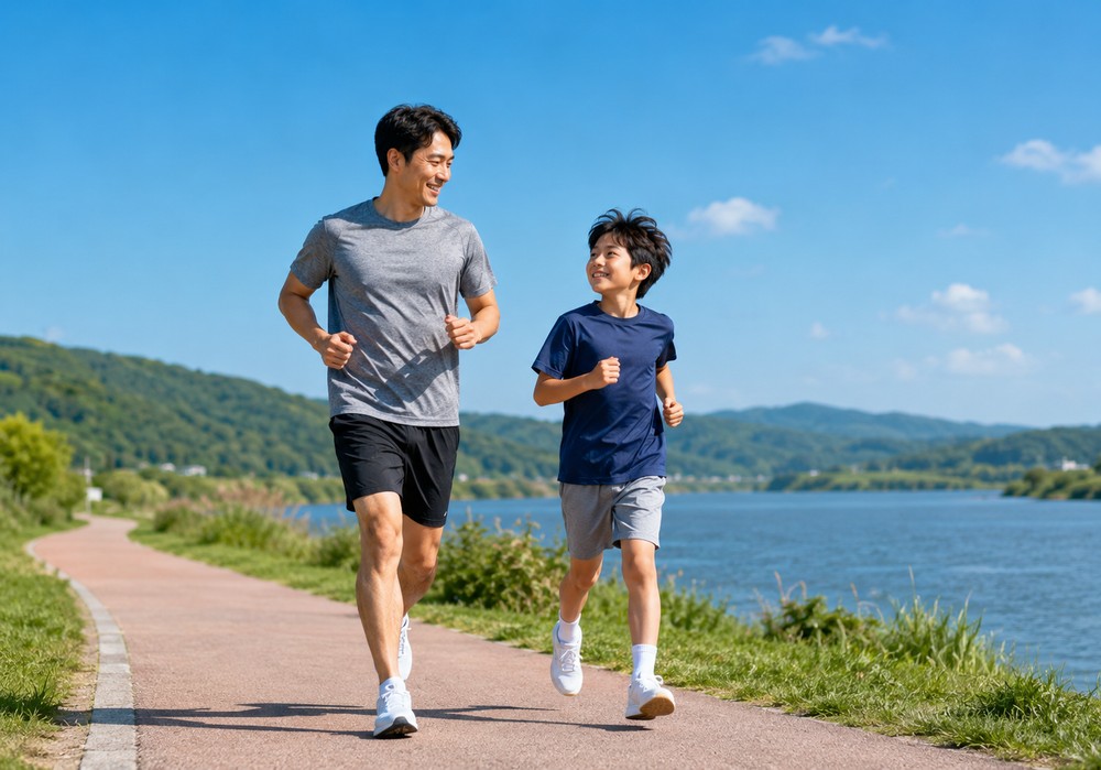 하남 아이누리한의원에서 소아비만 관리를 위해 아빠와 아이가 강변길에서 함께 조깅하는 모습