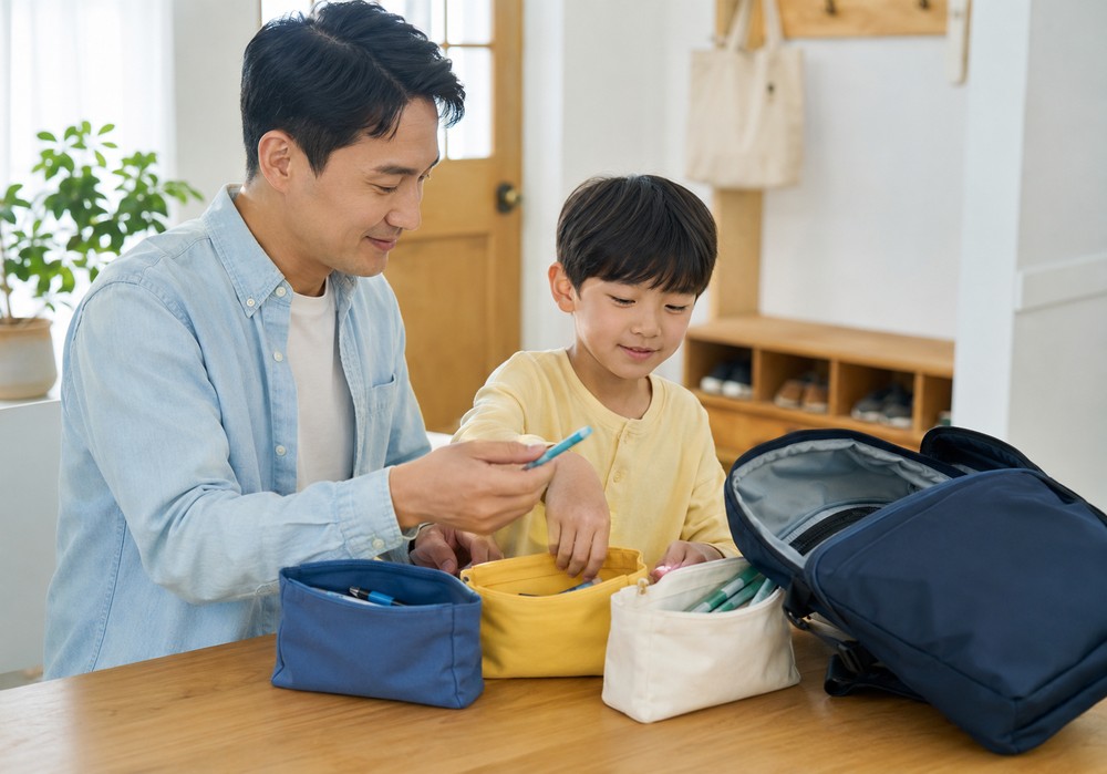 하남미사 조용한ADHD – 현관에서 아빠와 가방·필통을 정리하는 남자아이