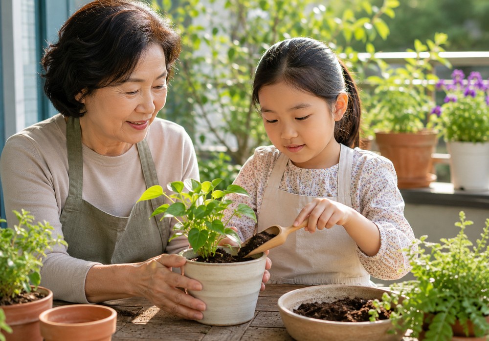 하남미사 조용한ADHD – 베란다에서 할머니와 화분 가꾸는 여자아이
