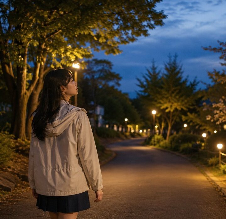 저녁 가로등이 켜진 공원 길에서 베이지 재킷에 교복 치마를 입은 여학생이 뒷모습으로 서서 하늘을 올려다보는 모습