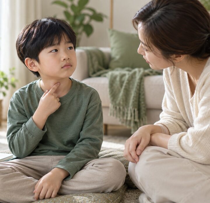초록색 티셔츠를 입은 남자아이가 목에 손을 대고 흰색 니트 엄마와 거실 바닥에 앉아 이야기하는 모습