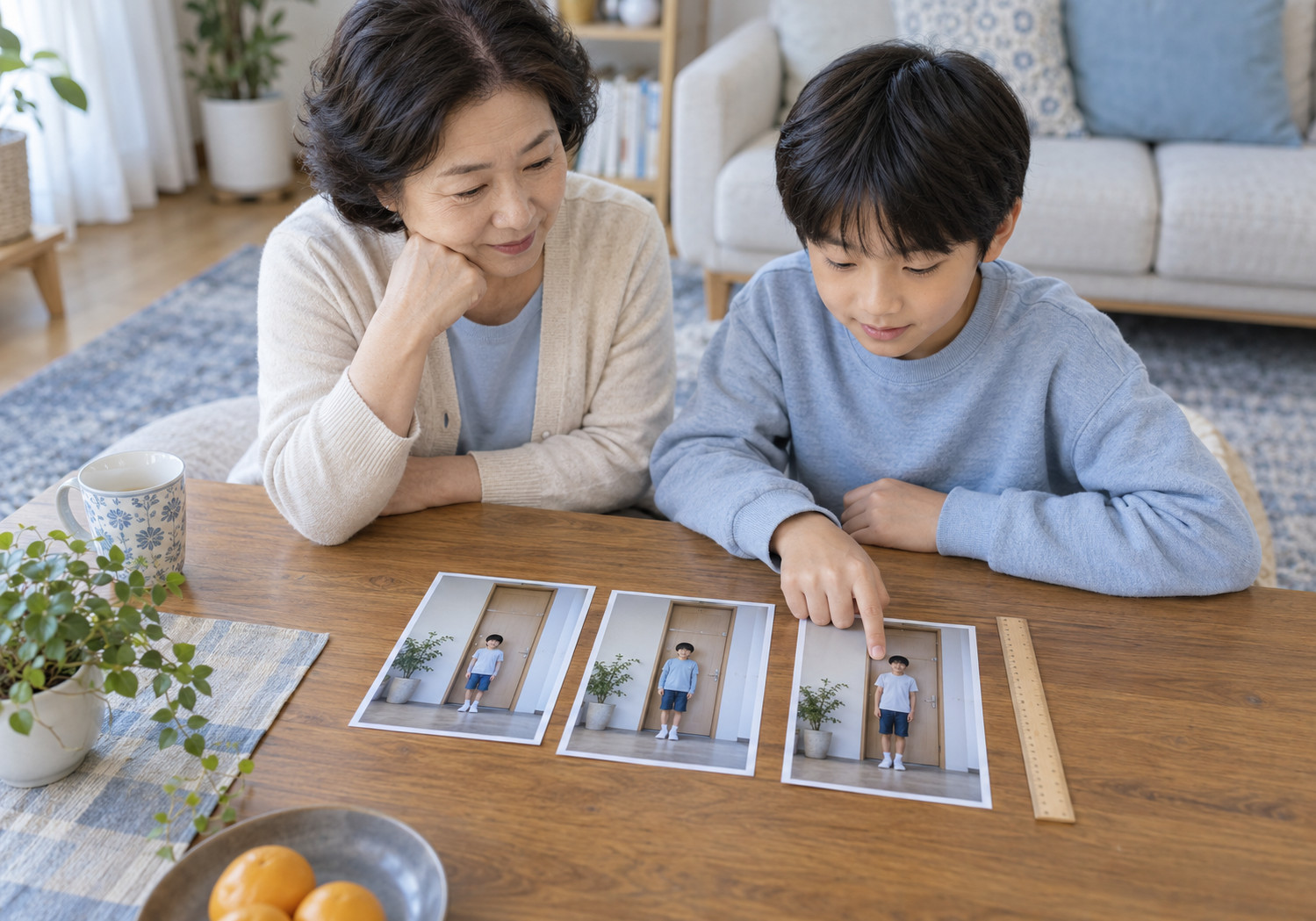 하남 성장판 검사 시기 – 남자아이가 할머니와 함께 테이블에 놓인 자신의 사진 세 장을 살펴보는 모습