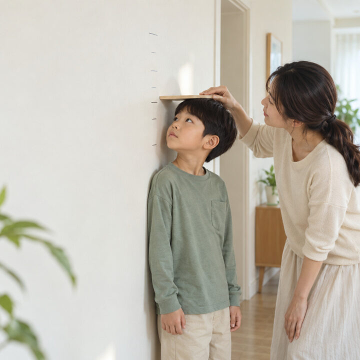 하남 성장판 검사 시기 – 엄마가 벽 앞에 선 남자아이의 머리 위에 판을 대고 키를 재는 모습