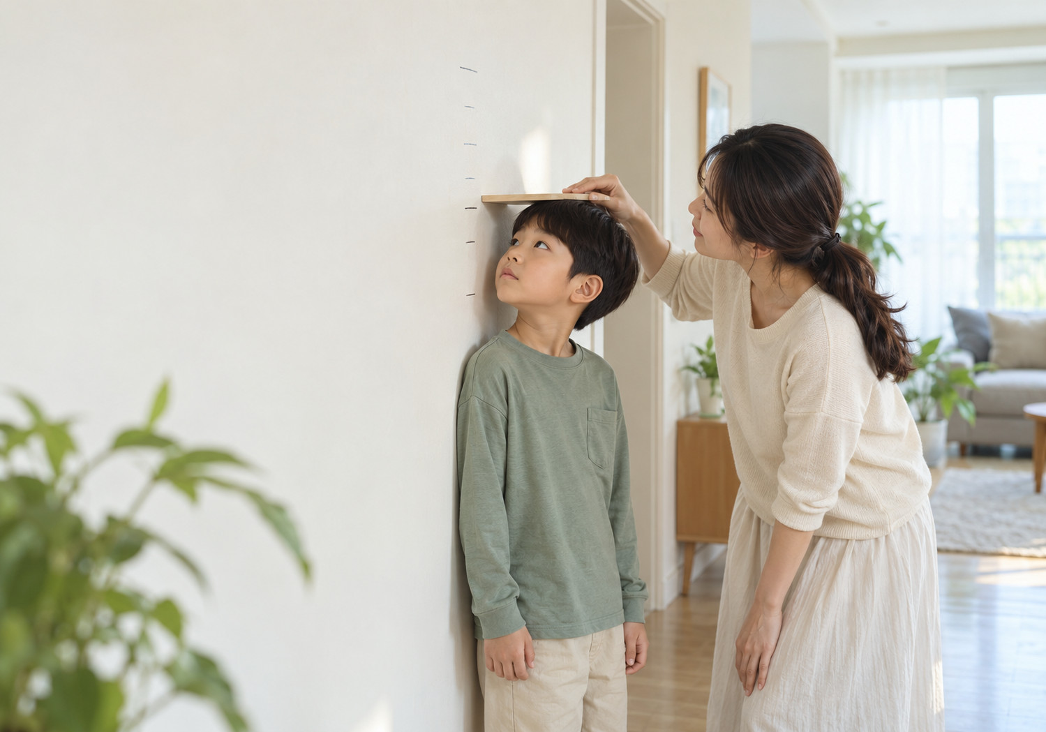 하남 성장판 검사 시기 – 엄마가 벽 앞에 선 남자아이의 머리 위에 판을 대고 키를 재는 모습