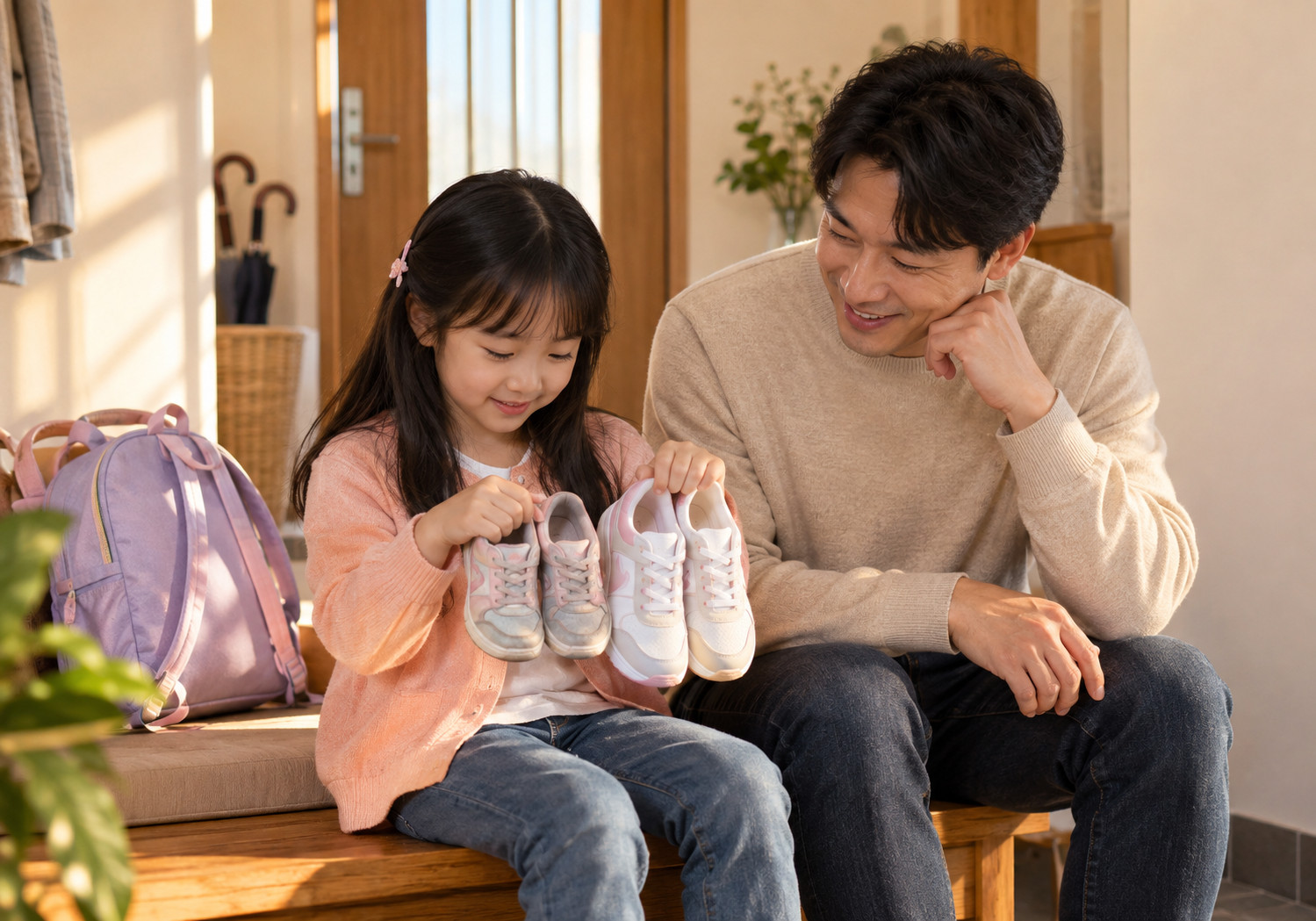 하남 성장판 검사 시기 – 여자아이가 아빠와 함께 크기가 다른 두 켤레의 운동화를 들고 비교하는 모습