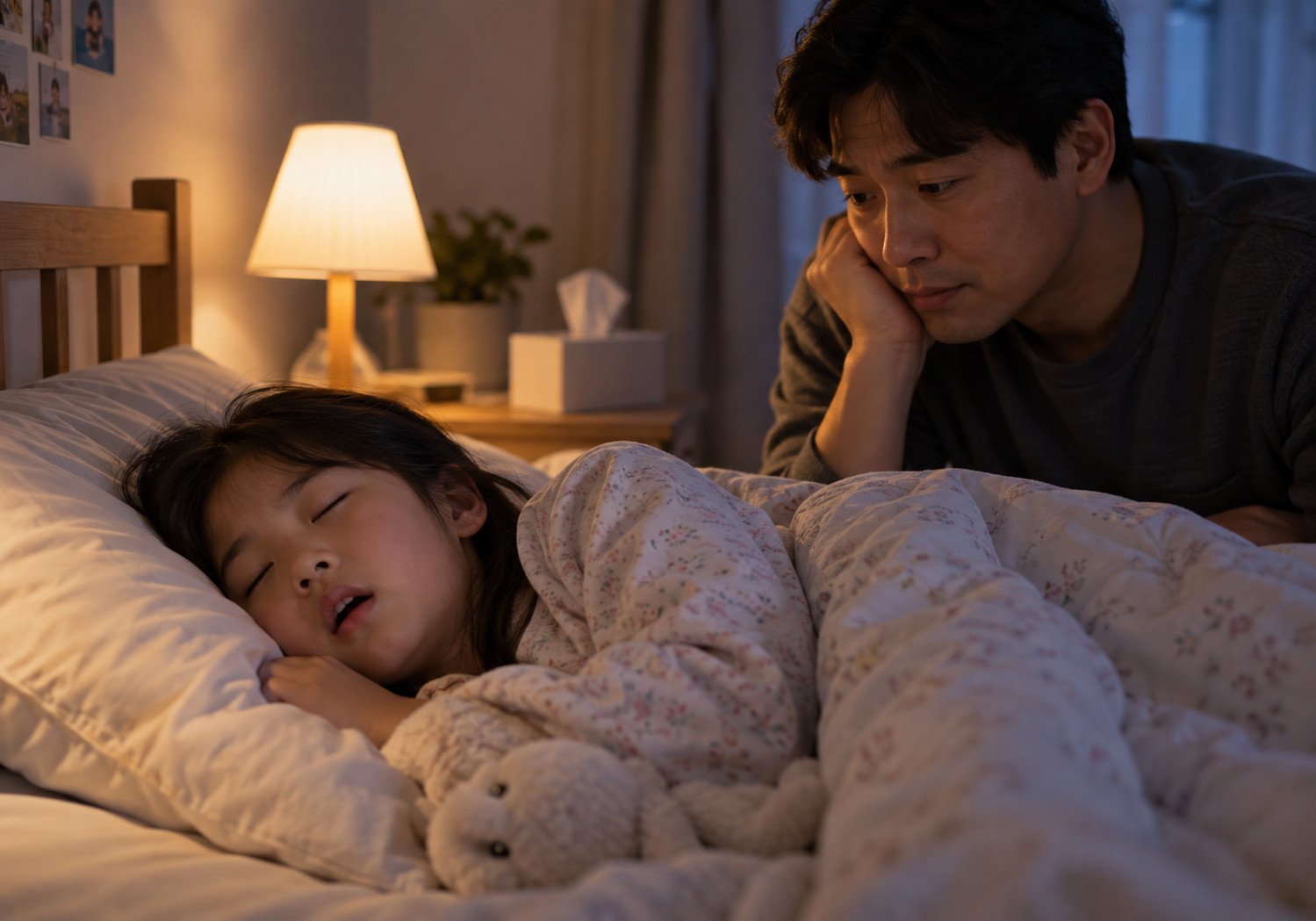하남 후비루 코골이 – 밤에 입을 벌리고 잠든 아이를 아빠가 살펴보는 장면